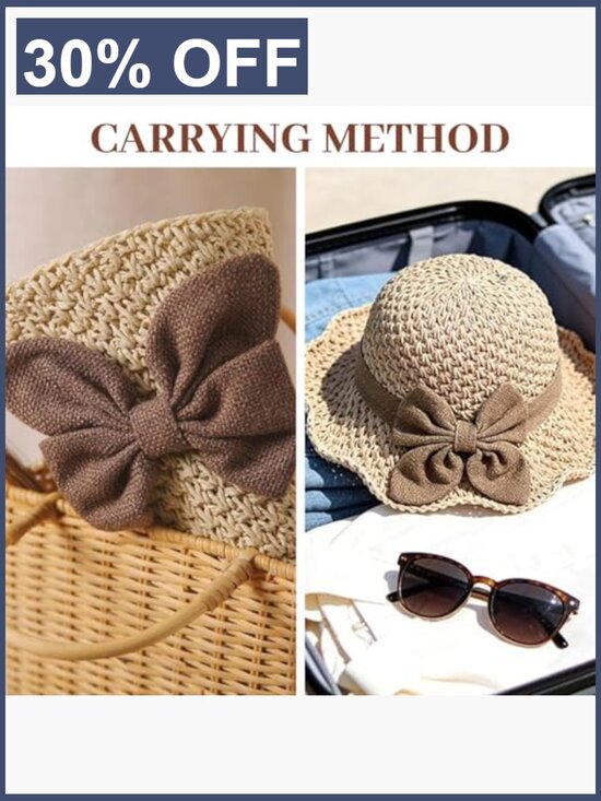Woven Straw Sun Hat with Retro Bow, Wide Brim Packable Travel Bucket Hat main image 5